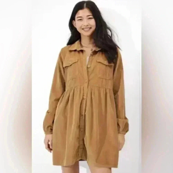 American Eagle Light Brown Tan Corduroy Button Up Shirt Dress Women’s Size XS AE - Picture 1 of 6